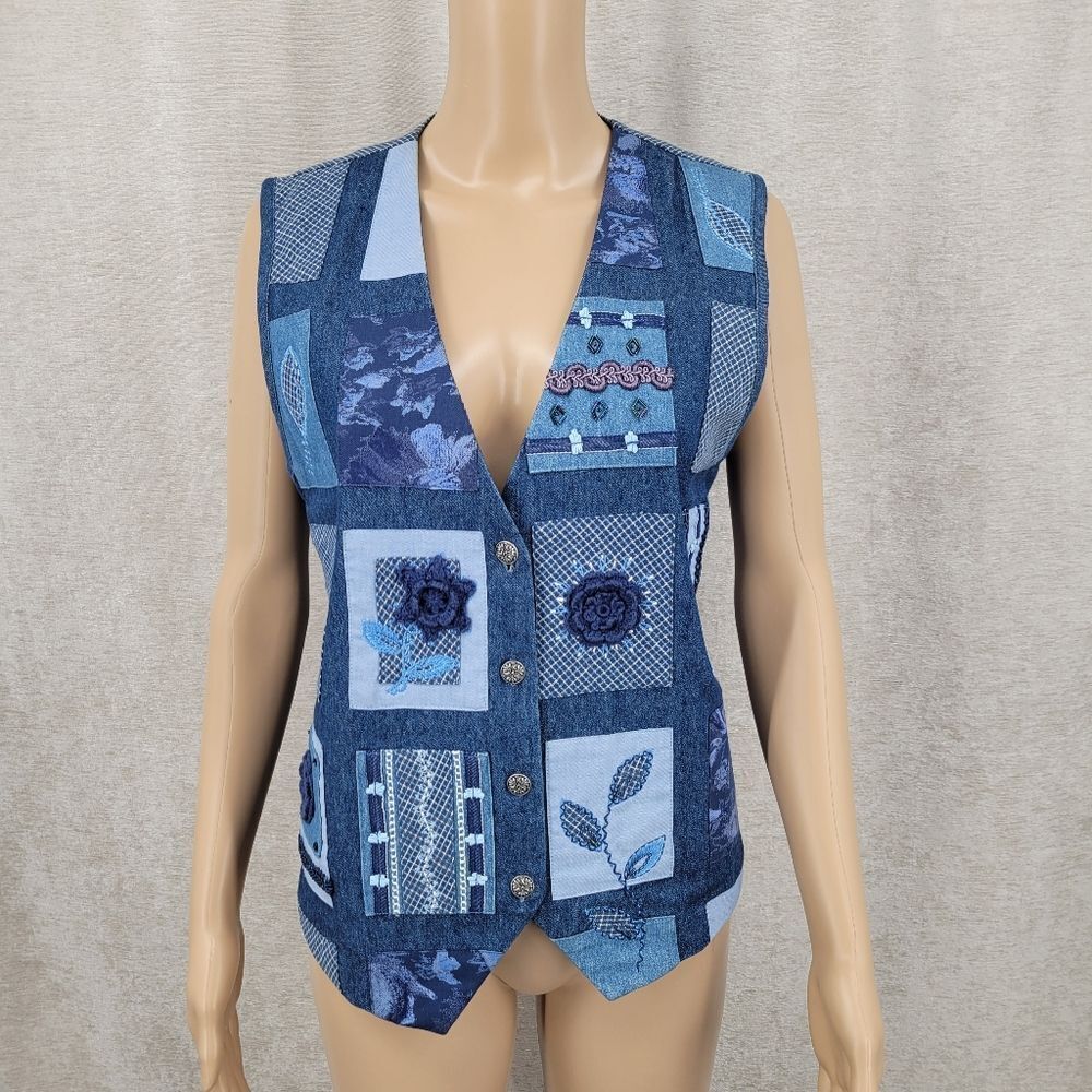 Vintage Patchwork Denim Vest with Crochet Floral Accents Embroidery Beading